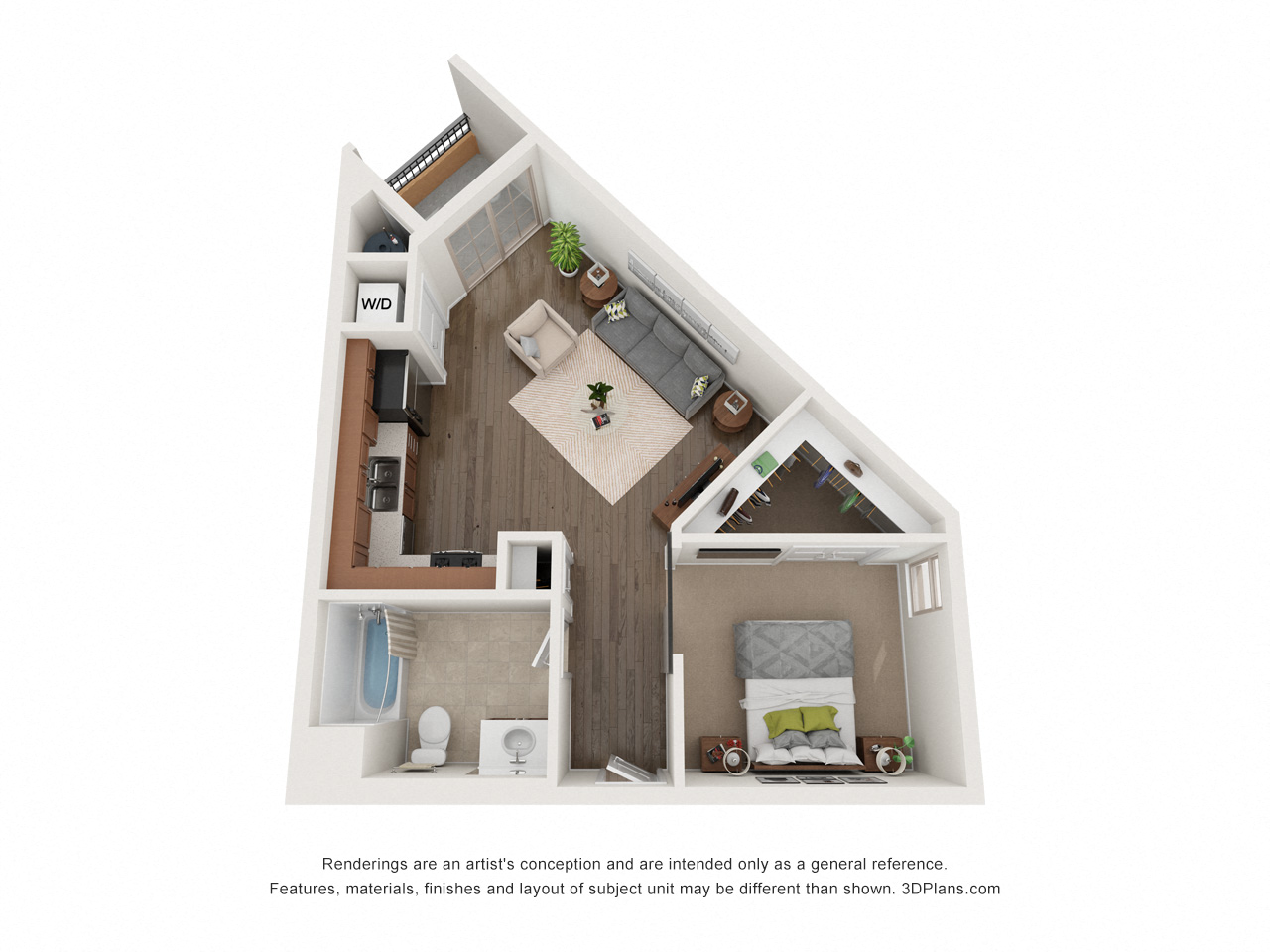 Floor plan for 1 bed, 1 bath, 644 sqft